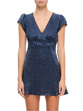 new Reformation Amelia silk v neck mini dress in navy blue Roya Dot print